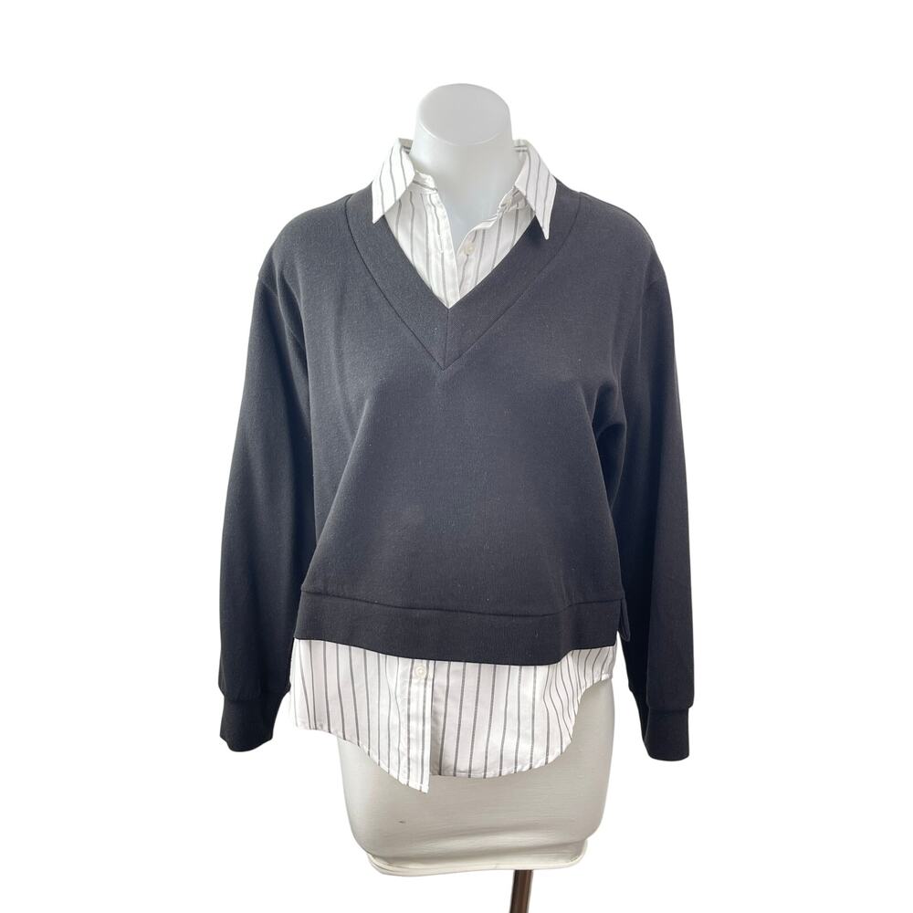 GU White Striped Collared Under Shirt Black V Neck Combo 2-Fre Sweater Top Sz S